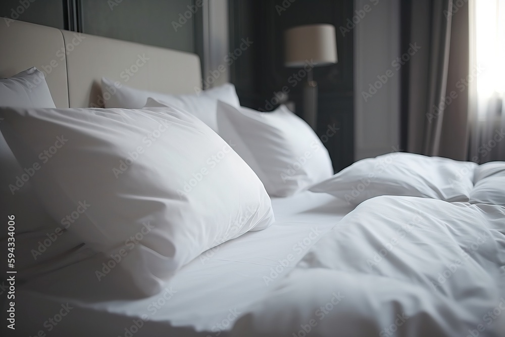  a bed with white sheets and pillows in a room with a lamp on the side of the bed and a window behin