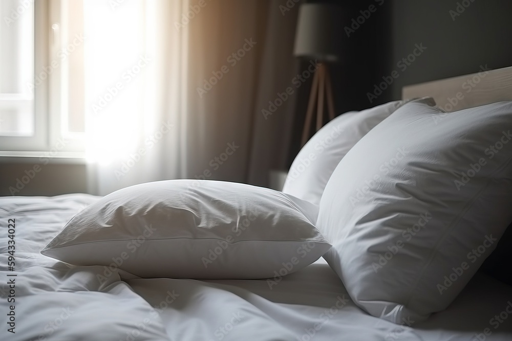  a bed with white sheets and pillows in a room with sunlight coming through the window and a lamp on