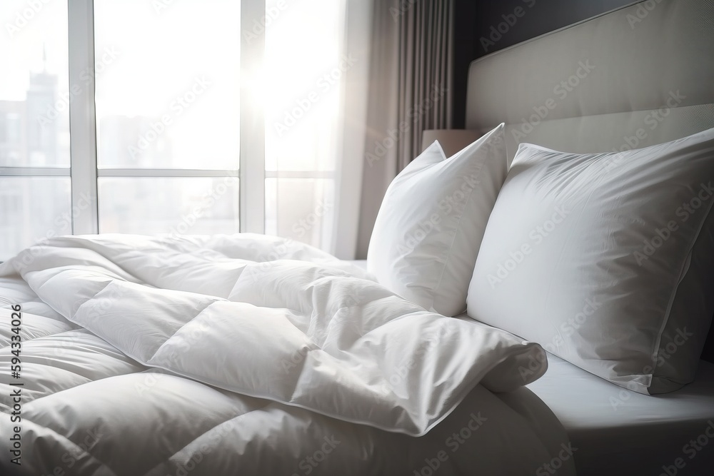  a bed with a white comforter and pillows in a room with a window and a cityscape in the background 