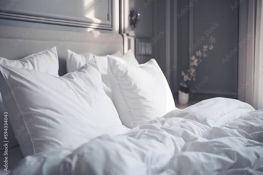  a bed with white sheets and pillows in a room with a window and a plant on the side of the bed and 