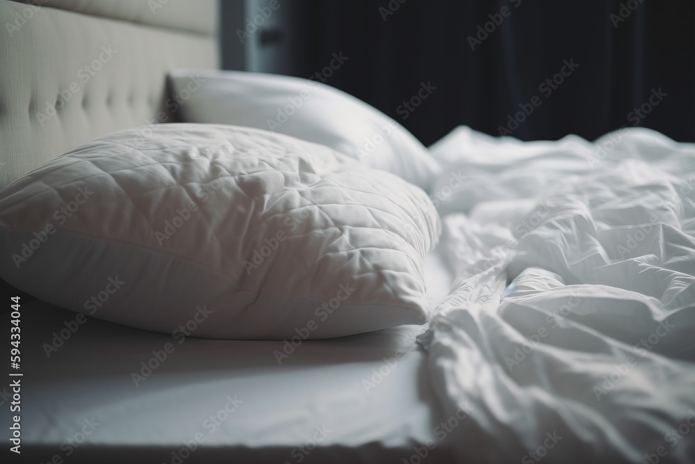  a bed with a white comforter and a white pillow on its headboard and a black curtain behind it and