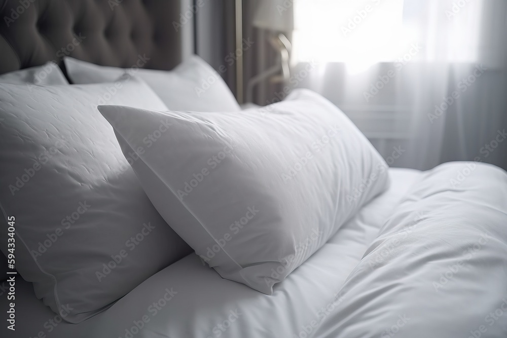  a close up of a bed with white pillows and a headboard with a window in the back ground and a light