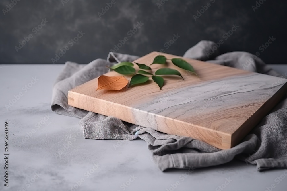  a wooden cutting board with a leaf on top of a cloth on a tablecloth covered table cloth with a bla