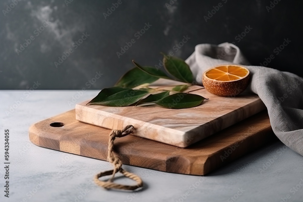  a wooden cutting board with an orange on top of it and a napkin on the side of it next to a bowl of