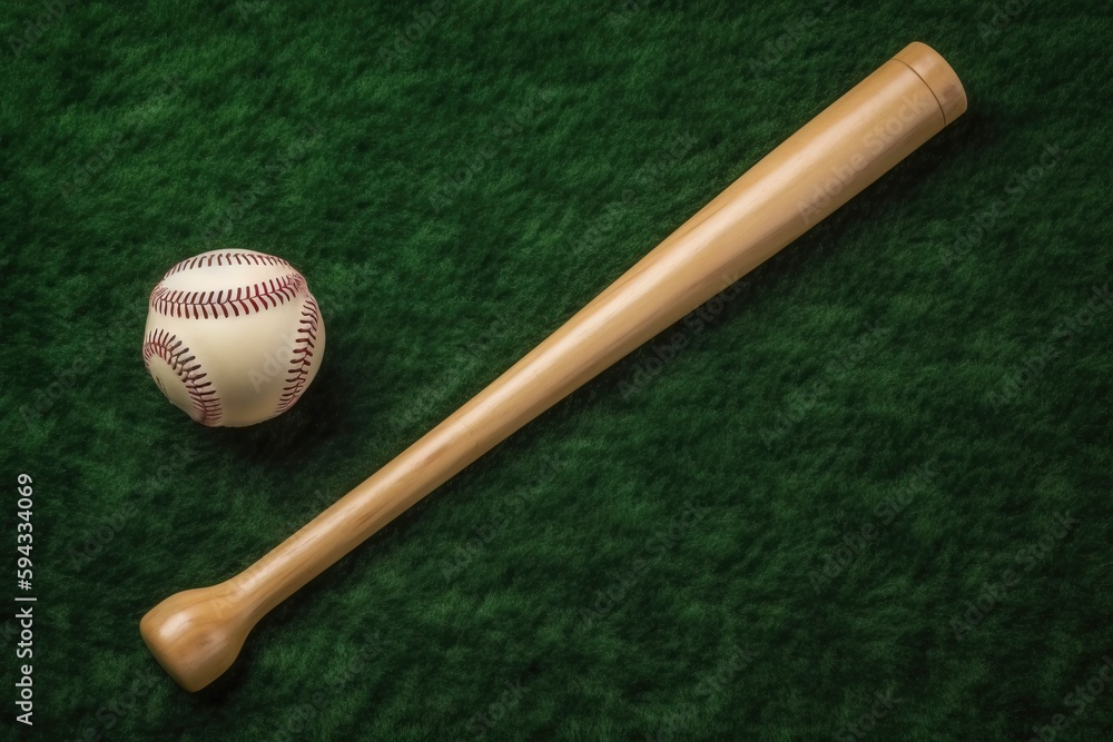  a baseball bat and a baseball on a green carpeted area with grass in the foreground and a baseball 