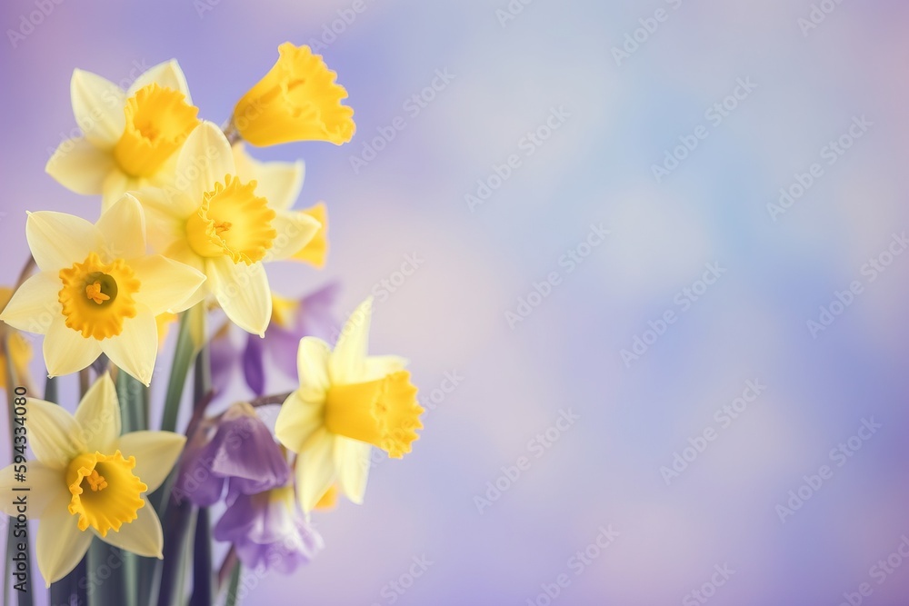  a vase filled with yellow and purple flowers on top of a purple and white tableclothed tablecloth w