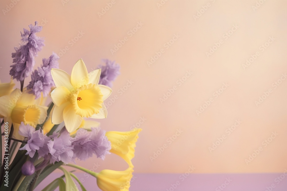  a vase filled with yellow and purple flowers on top of a purple tablecloth covered tablecloth and a