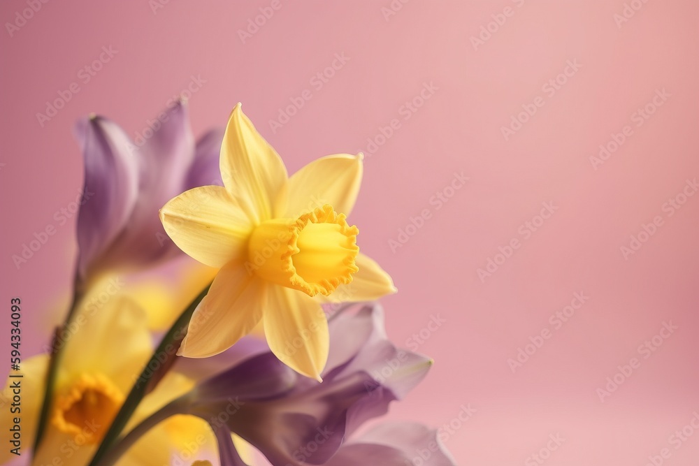  a bunch of flowers that are sitting in a vase on a table with a pink wall in the back ground and a 