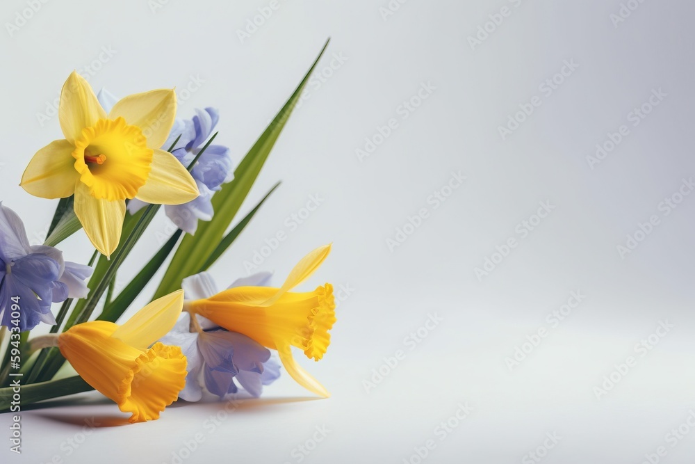  a bunch of yellow and blue flowers on a white surface with a gray background and a white background