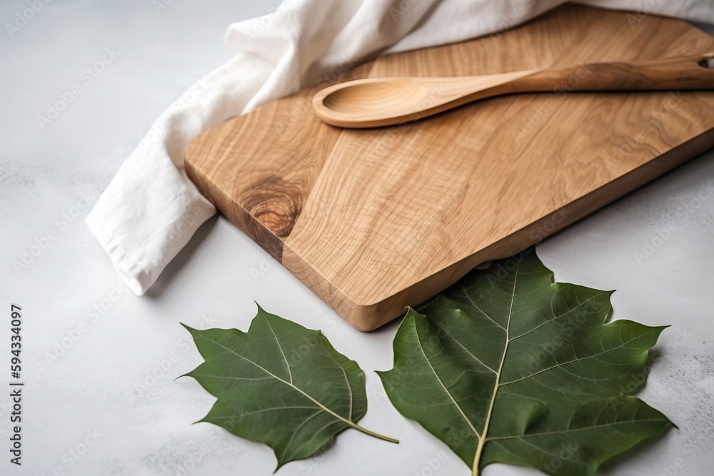  a wooden cutting board with a leaf and a wooden spoon on it next to a white napkin and a wooden cut