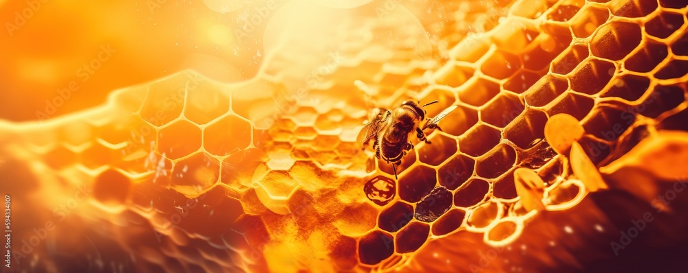  a honeycomb with a bee on it in the middle of the honeycomb is a bright yellow background with hone