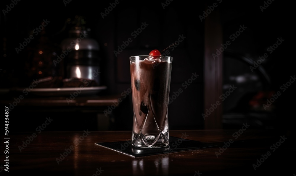  a tall glass with a cherry on top of a wooden table next to a bottle of alcohol on a counter top wi