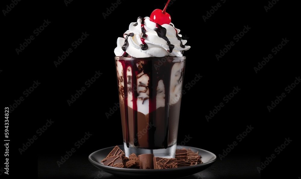  a chocolate milkshake with whipped cream and a cherry on the top of the milkshake is garnished with