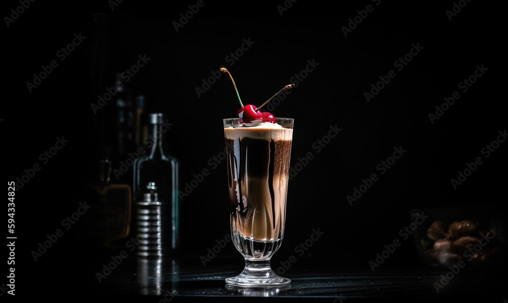  a tall glass filled with liquid and a cherry on top of a table next to a bottle of liquor and a bot