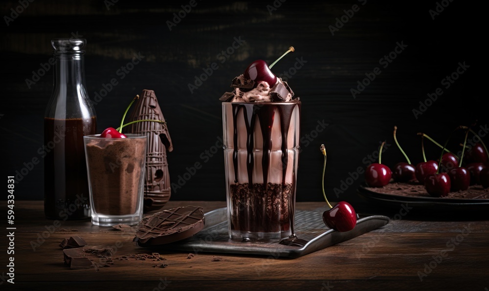  a chocolate shake with cherries and chocolate shavings on a wooden table next to a bottle of chocol