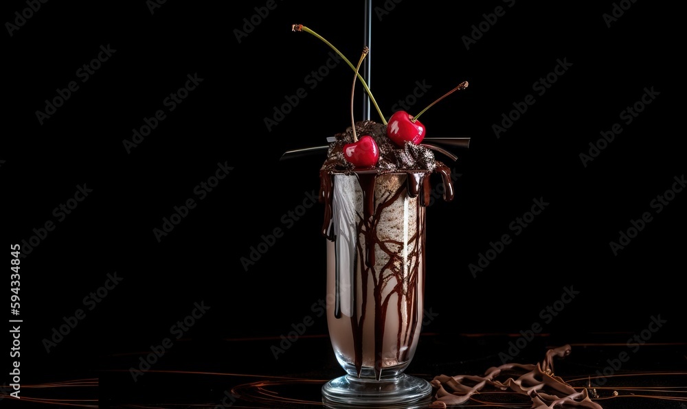  a tall glass filled with chocolate and cherries on a black table with chocolate swirling around the