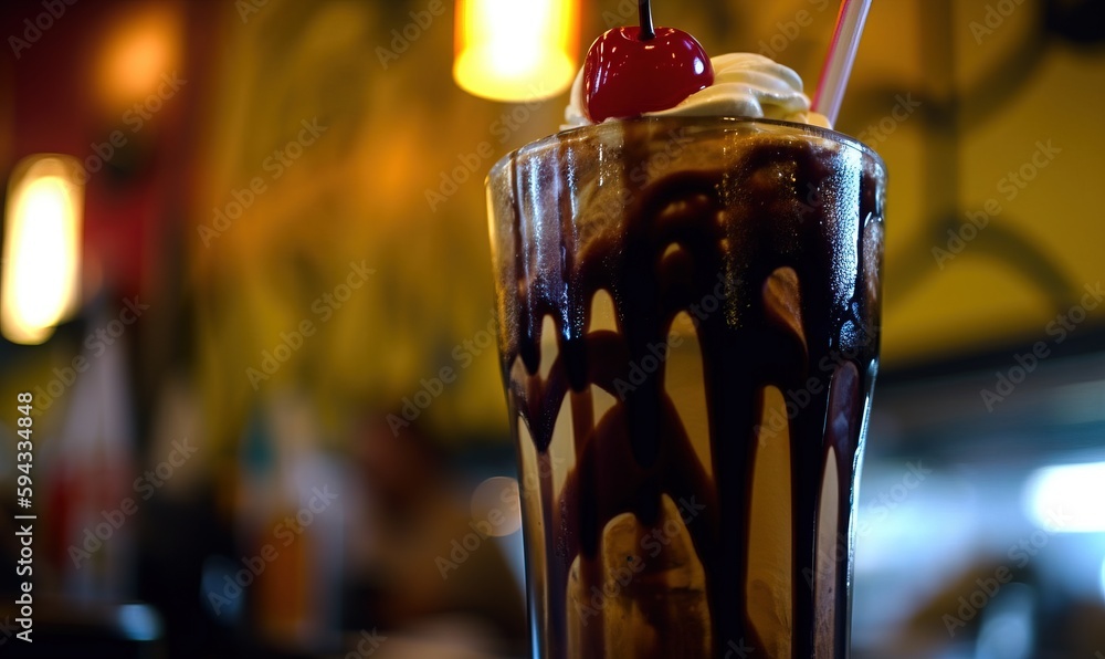  a chocolate milkshake with a cherry on the top of the ice cream and chocolate syrup drizzled on top