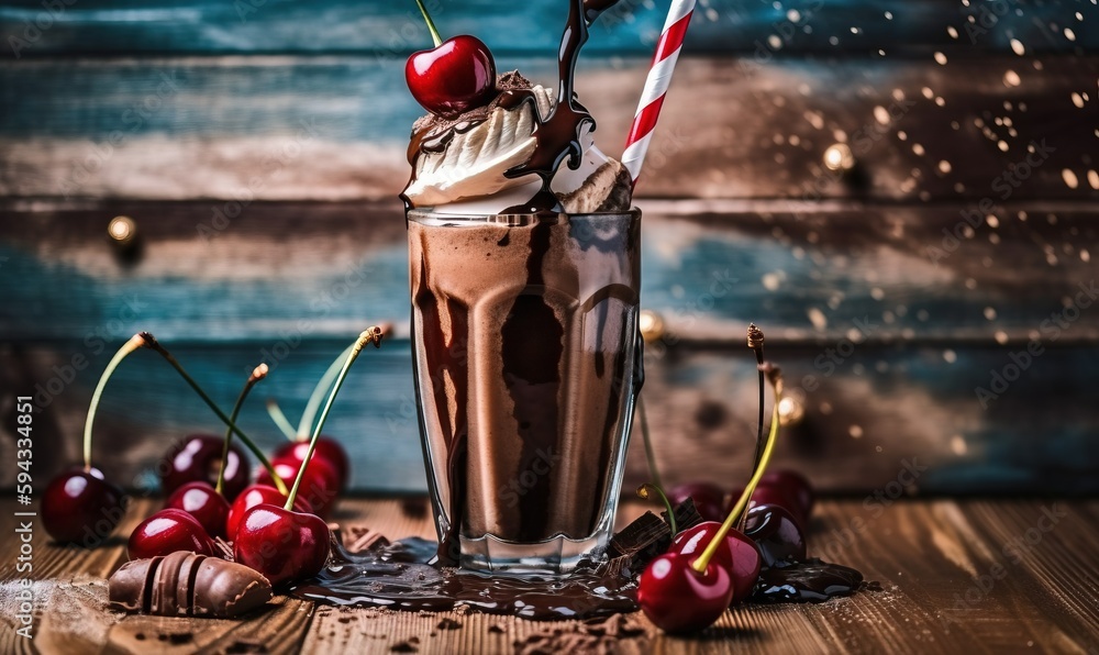  a chocolate milkshake with cherries and chocolate sauce on a wooden table with a striped striped st