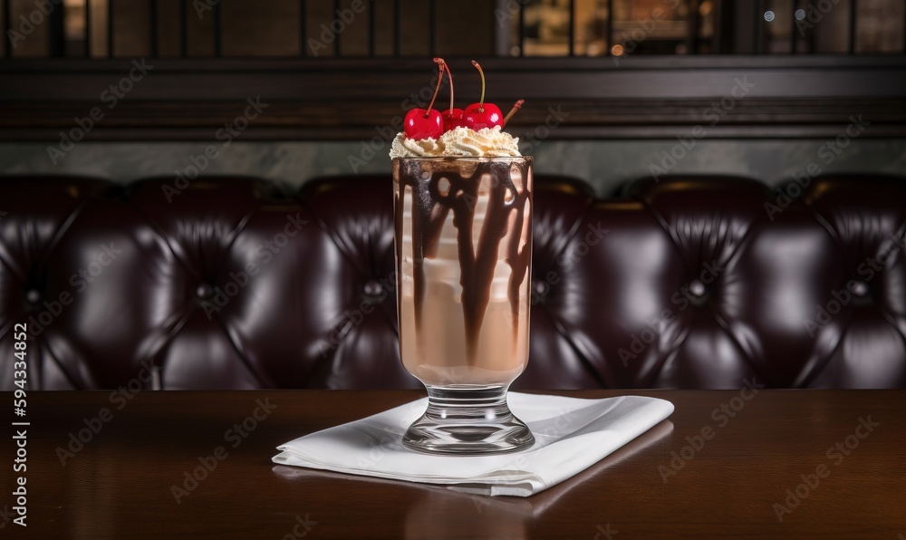  a chocolate dessert with whipped cream and cherries in a tall glass on a napkin on a wooden table i