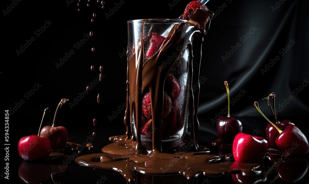  a glass filled with chocolate and cherries on top of a table next to a glass of chocolate and cherr