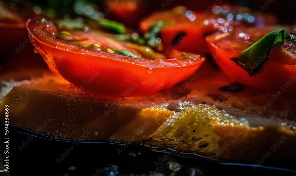  a close up of a tomato on a piece of bread with other tomatoes on the side of the bread and a green