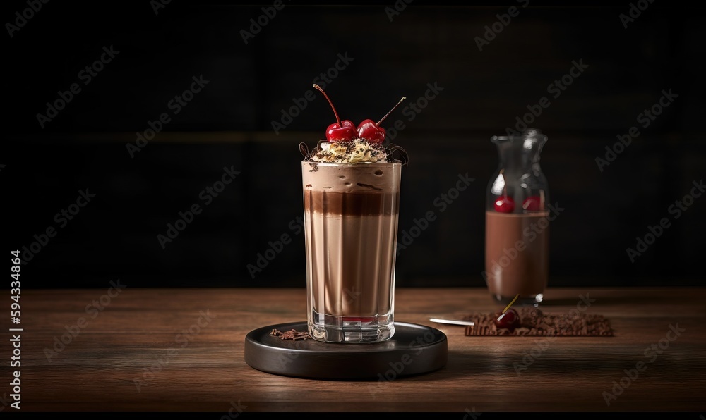  a tall glass of chocolate milkshake with cherries and whipped cream on a wooden table with a pitche