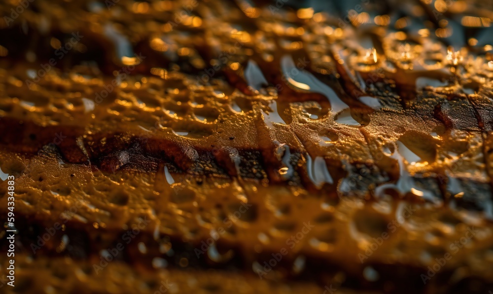  a close up of water droplets on a surface of brown and white material with a blue background and a 