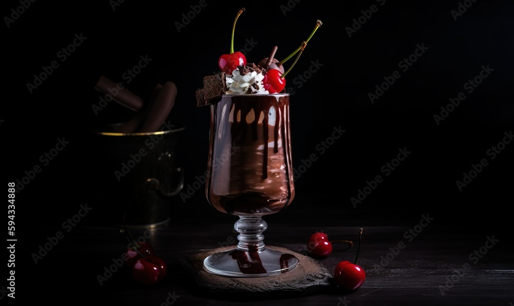  a chocolate dessert with cherries and whipped cream in a tall glass with a spoon and cherries on th