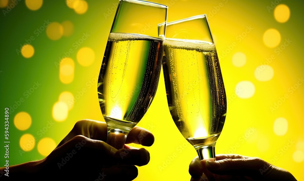  a couple of people holding up two glasses of champagne together with a yellow background behind the