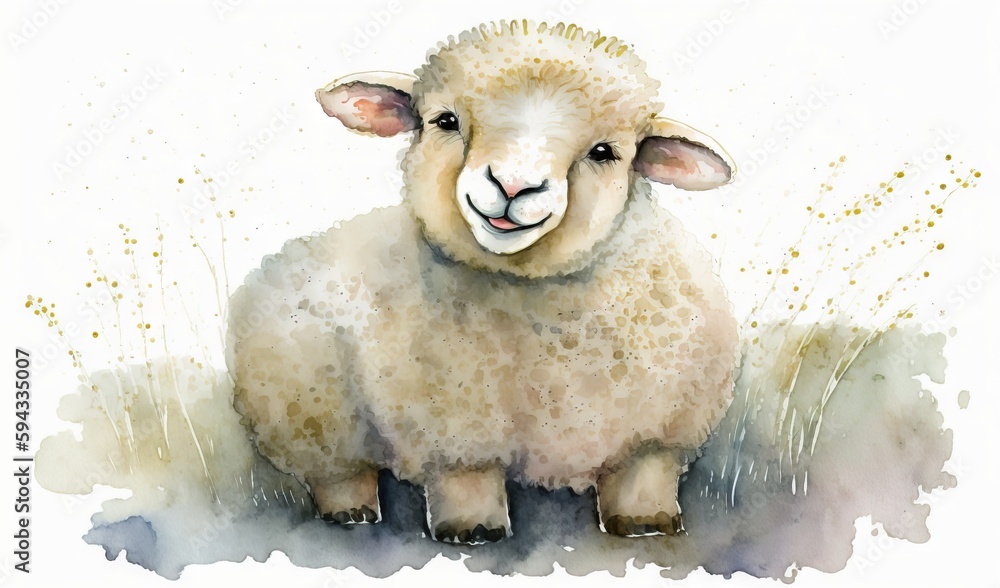  a watercolor painting of a sheep sitting in a field with grass and flowers in the background, with 