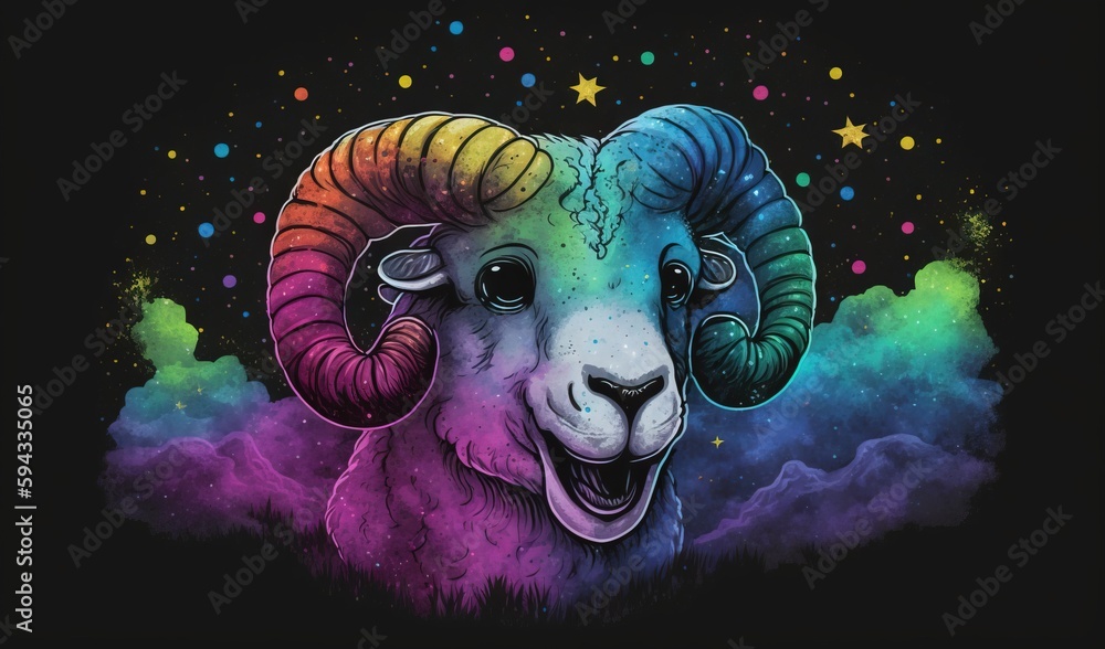  a colorful ram with horns and stars on a black background with clouds and stars in the sky above it