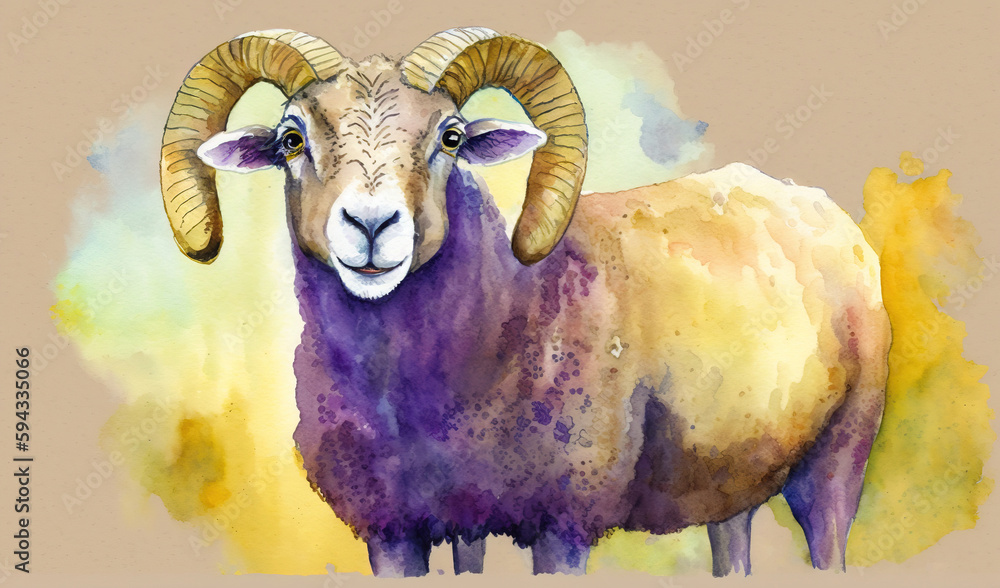  a watercolor painting of a ram on a beige background with yellow and purple spots on its face and 