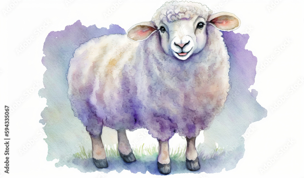  a watercolor painting of a sheep standing in a field of grass with a purple background and a white 