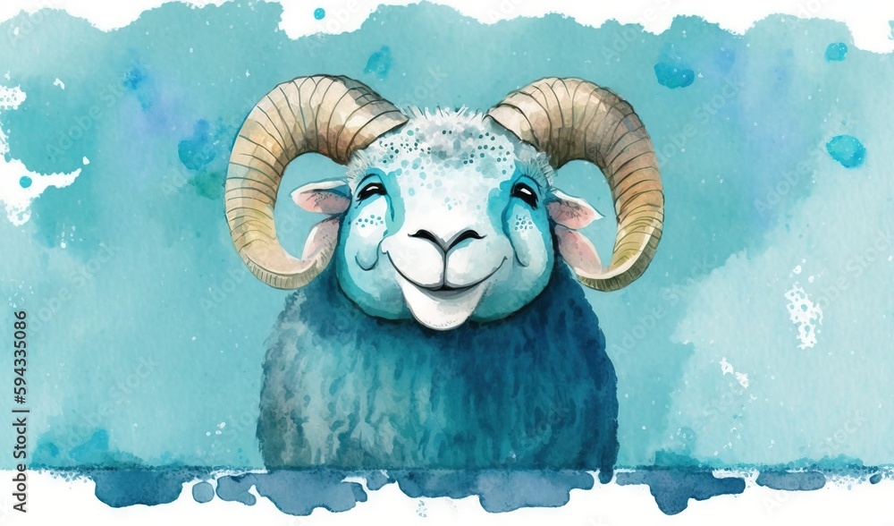  a painting of a ram with horns and a blue sky in the background with watercolor stains on its side