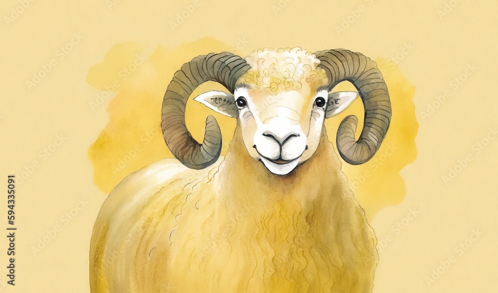  a painting of a ram with horns on a yellow background with a yellow background and a yellow backgro