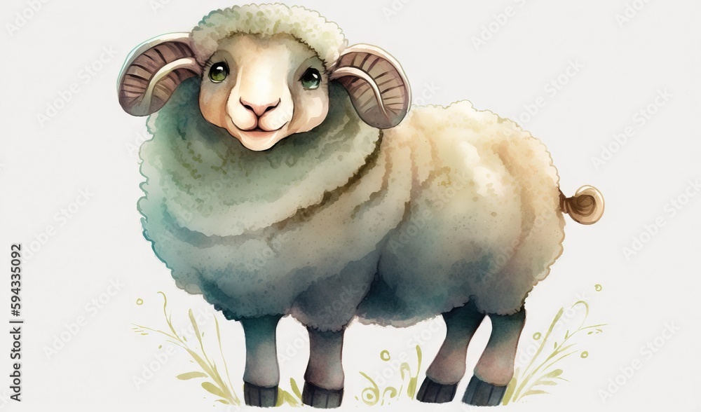  a watercolor painting of a sheep standing in a field of grass with a white background and a green, 