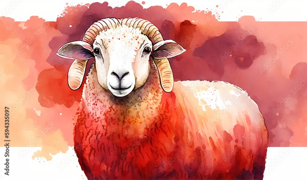  a painting of a ram with a red and yellow background and a white stripe in the center of the painti