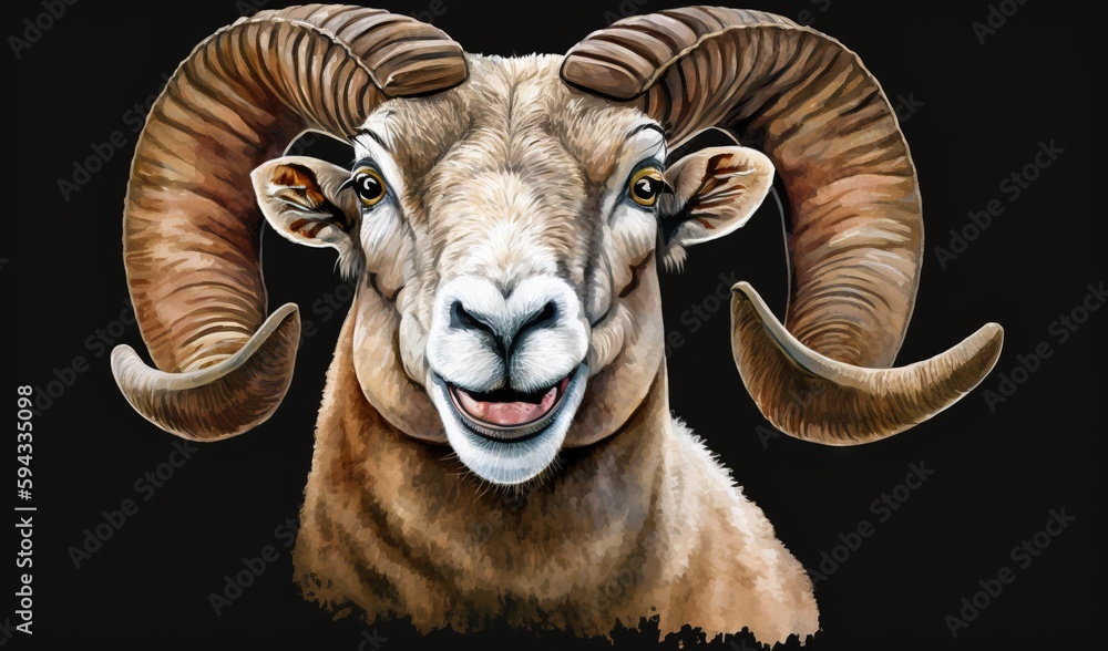  a painting of a rams head with large horns and a smile on its face, on a black background, with a 