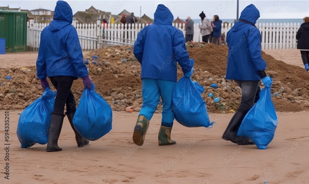  a group of people walking down a beach carrying bags of sand and bags of trash to the ocean side of