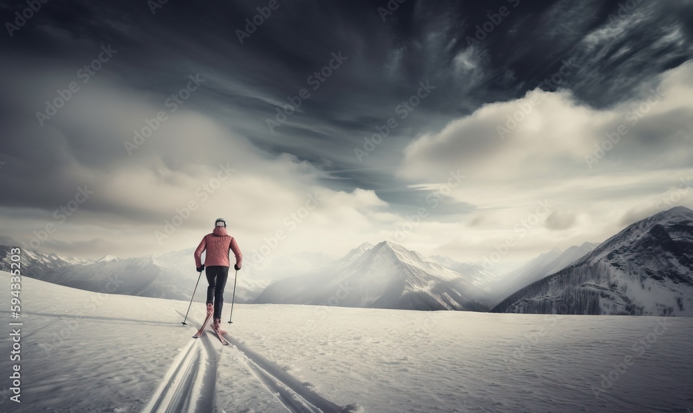  a man riding skis across a snow covered slope under a cloudy sky with mountains in the background a