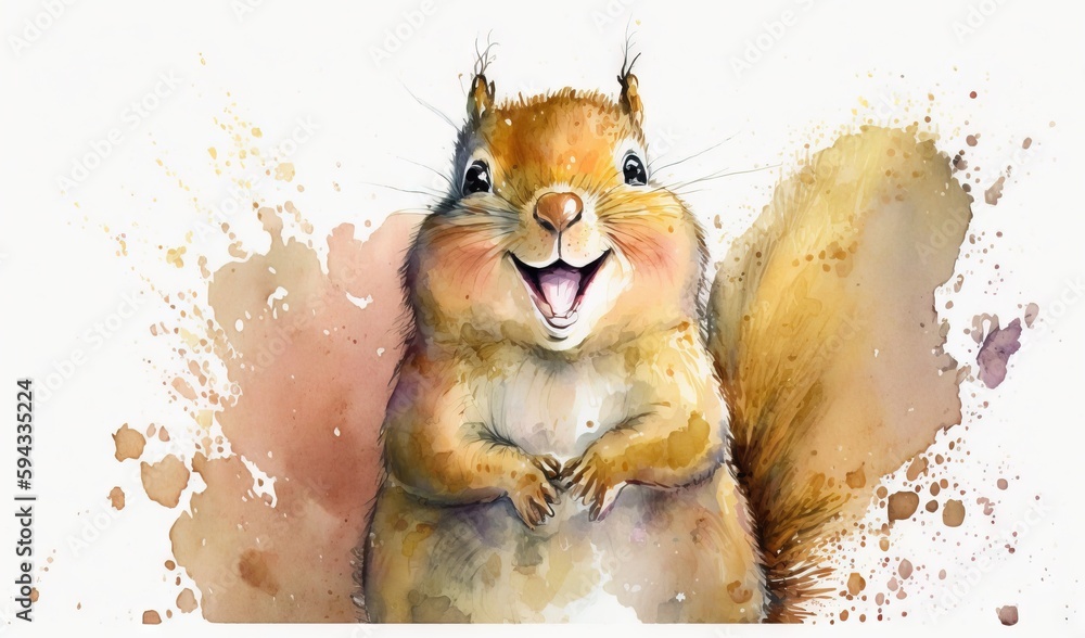  a watercolor painting of a squirrel with its front paws on the ground and its mouth open, with the 