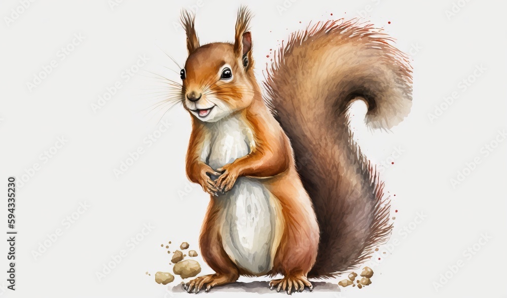  a painting of a squirrel with nuts around its legs and a smile on its face, with a white backgroun