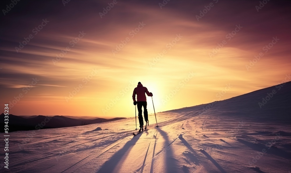  a person cross country skiing across a snow covered slope at sunset or dawn with the sun setting be