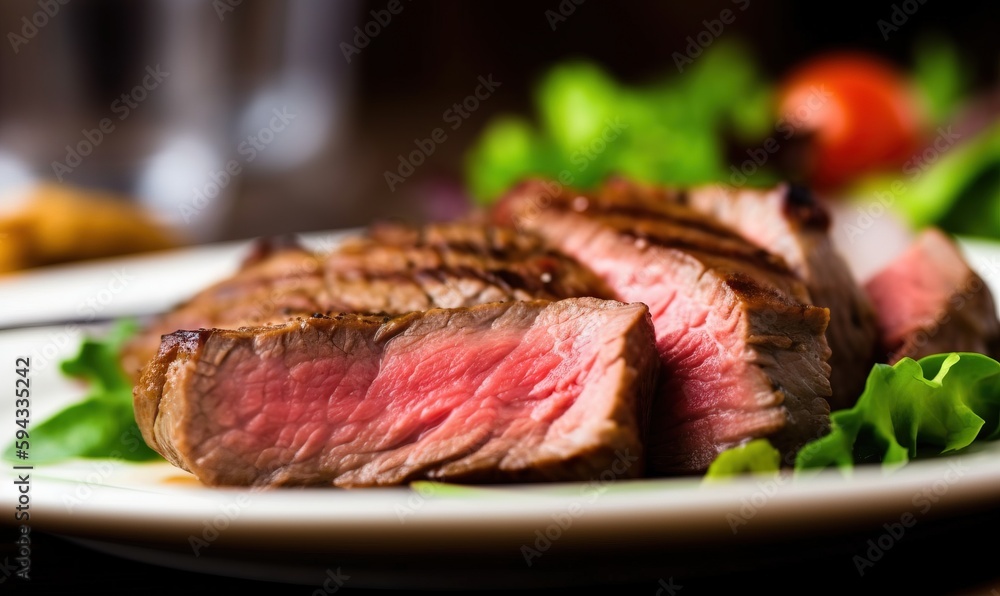  a close up of a plate of food with meat and lettuce on the side of the plate and a glass of wine in