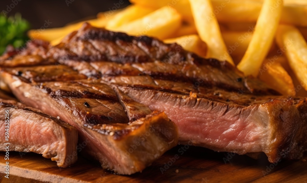  a steak and french fries on a cutting board with parsley on the side of the plate and a glass of wi