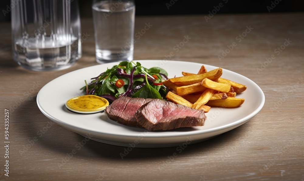  a white plate topped with steak and fries next to a glass of water and a glass of water on the side