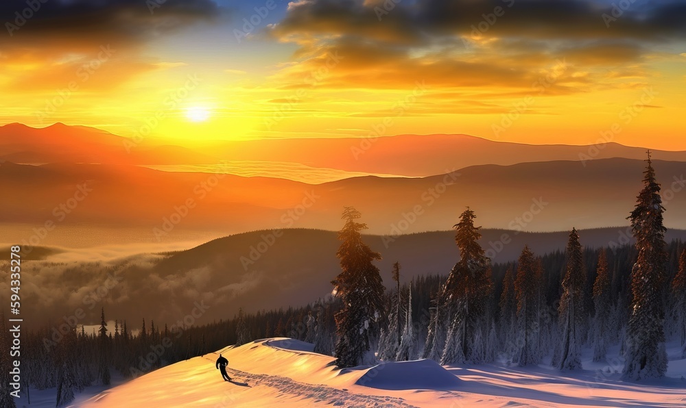  a person skiing down a snow covered slope at sunset or dawn with the sun setting in the distance be