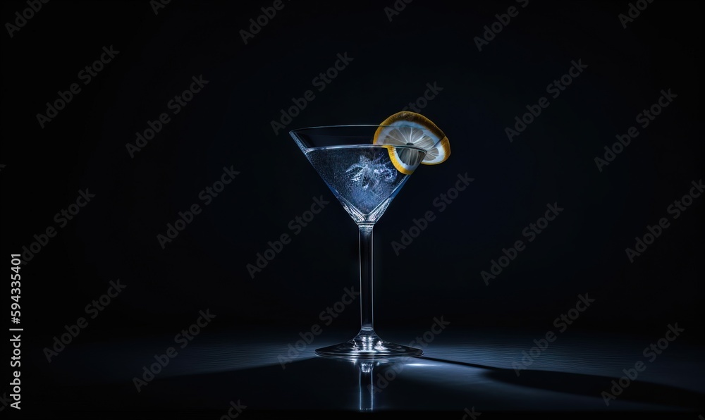  a martini glass with a lemon slice on the rim and a black background with a reflection of the glass