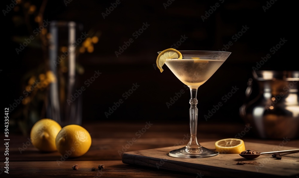  a glass filled with a drink sitting on top of a wooden cutting board next to lemons and a vase with