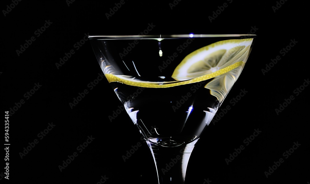  a martini glass with a lemon slice in the middle of the glass and a black background with a white s